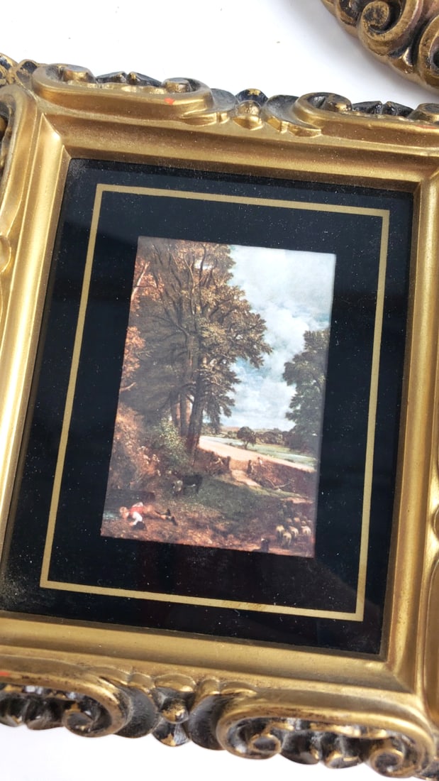 Set of 3 Ornate Gold-Tone Miniature Framed Prints, Floral & Landscape, Black Mat - 4