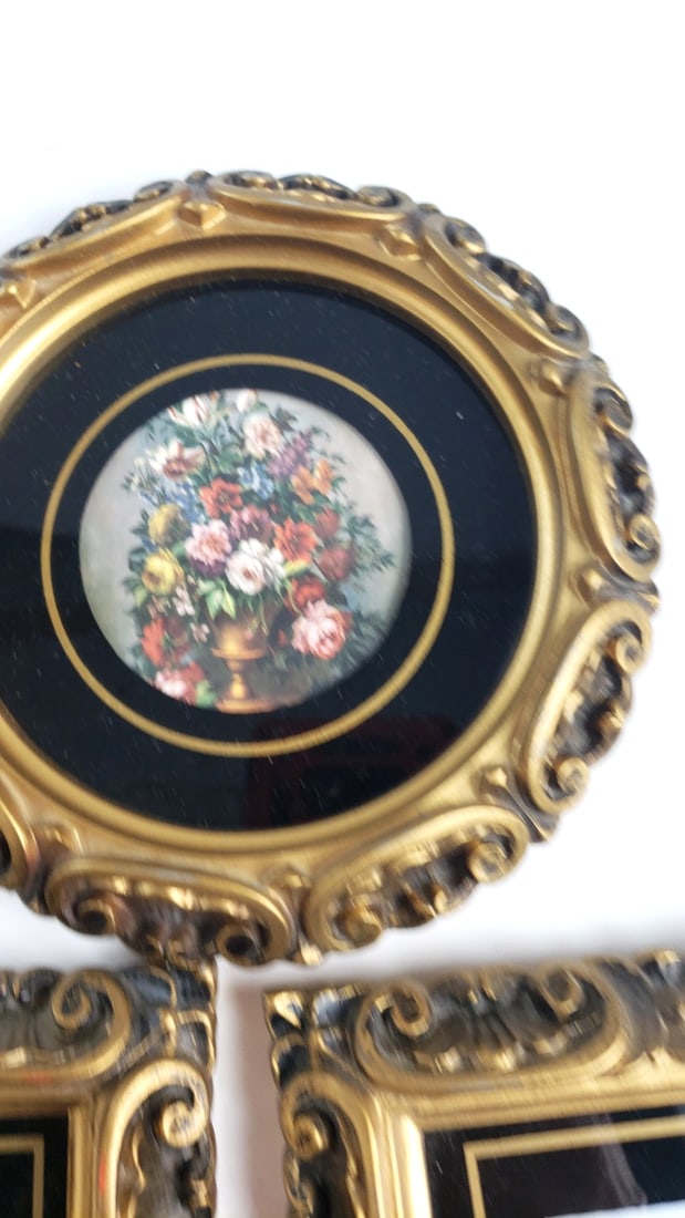 Set of 3 Ornate Gold-Tone Miniature Framed Prints, Floral & Landscape, Black Mat - 5
