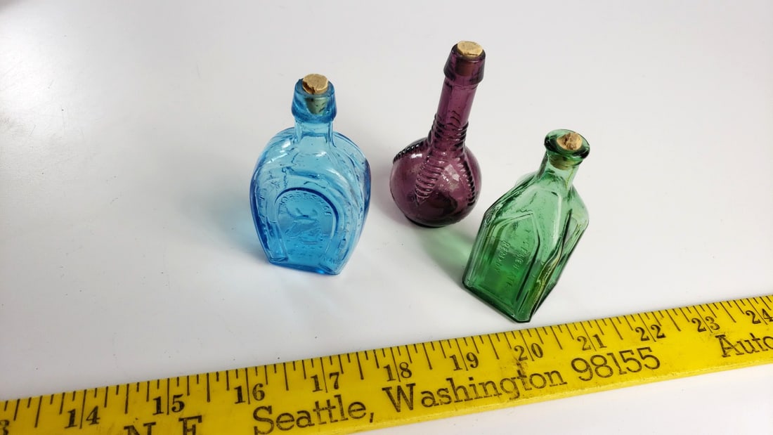 Lot of 3 Miniature Colored Glass Bottles with Corks Blue Green Purple - 2