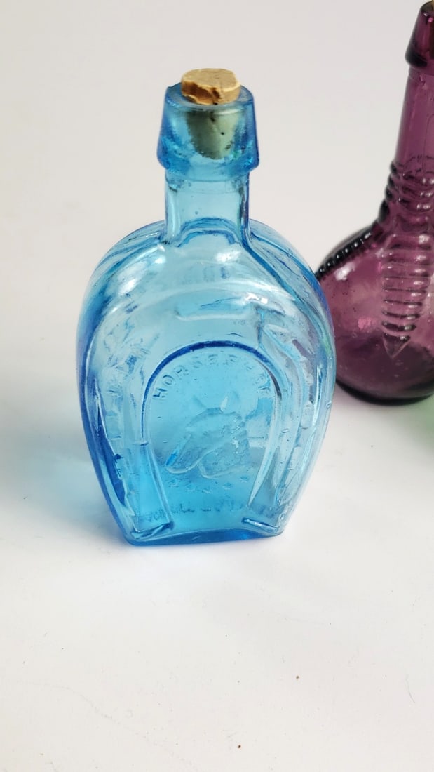Lot of 3 Miniature Colored Glass Bottles with Corks Blue Green Purple - 3