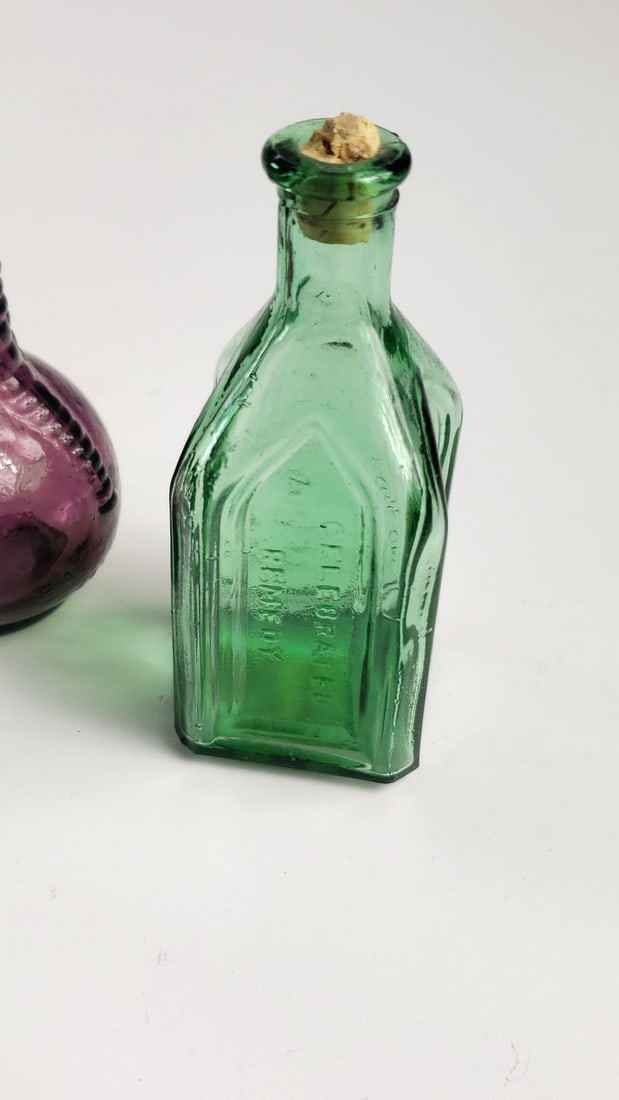 Lot of 3 Miniature Colored Glass Bottles with Corks Blue Green Purple - 4