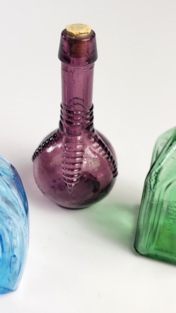 Lot of 3 Miniature Colored Glass Bottles with Corks Blue Green Purple - 5