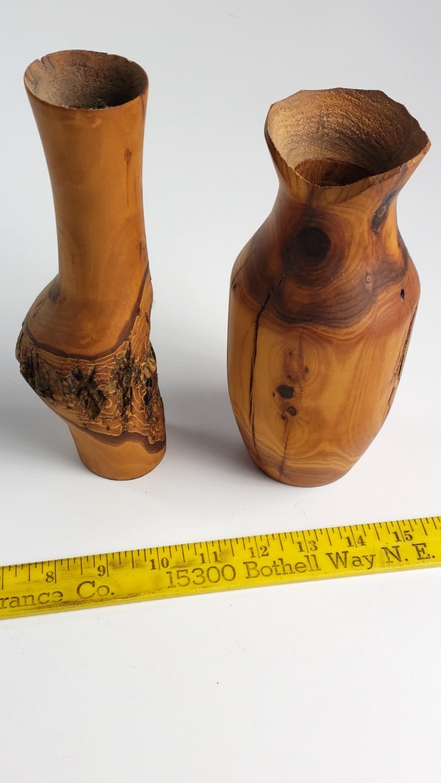 Pair of Turned Wood Natural Edge Vases with Bark Detail - 2