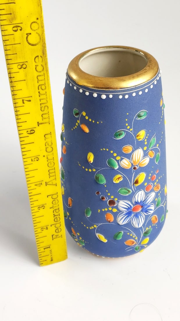 EVA Alcobaca 2401-12 Portugal Blue Floral Ceramic Vase Gold Rim - 2