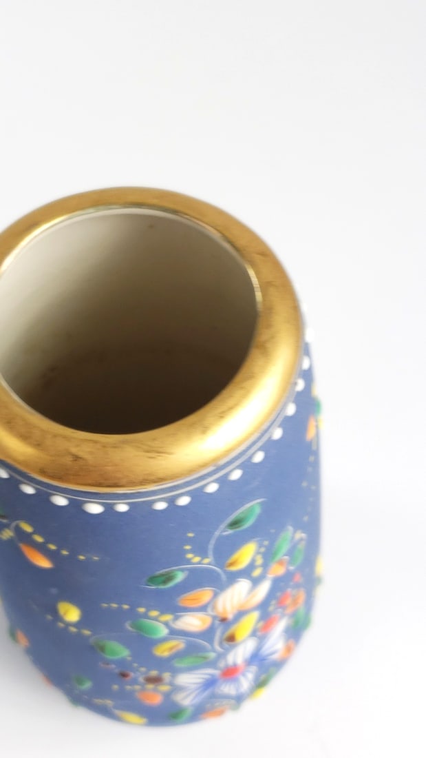 EVA Alcobaca 2401-12 Portugal Blue Floral Ceramic Vase Gold Rim - 3