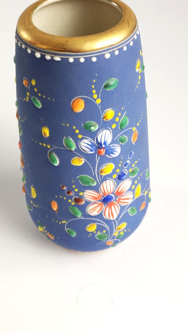 EVA Alcobaca 2401-12 Portugal Blue Floral Ceramic Vase Gold Rim - 4