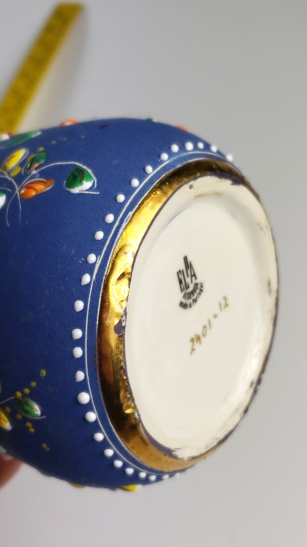 EVA Alcobaca 2401-12 Portugal Blue Floral Ceramic Vase Gold Rim - 6