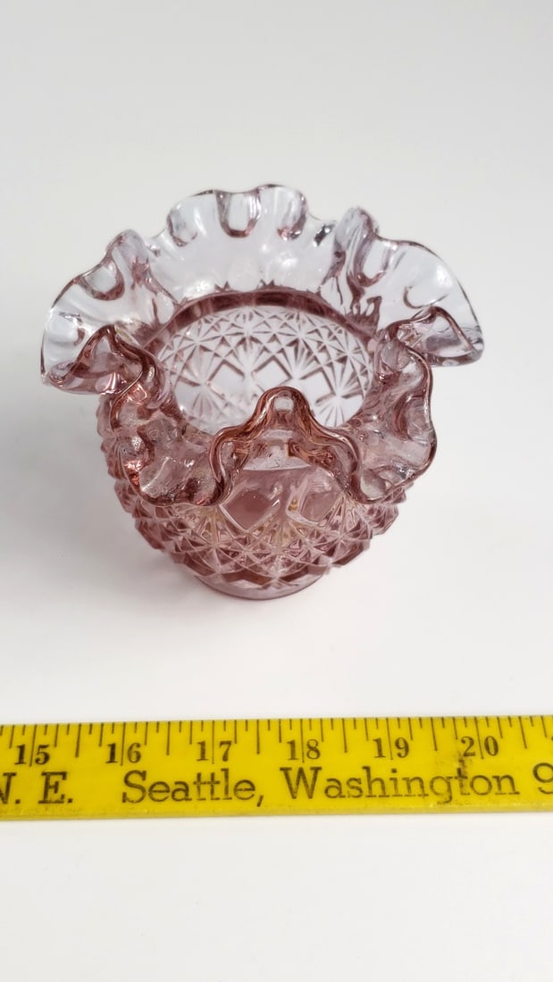 Fenton Pink Daisy and Button Glass Ruffled Rose Bowl Vase - 2