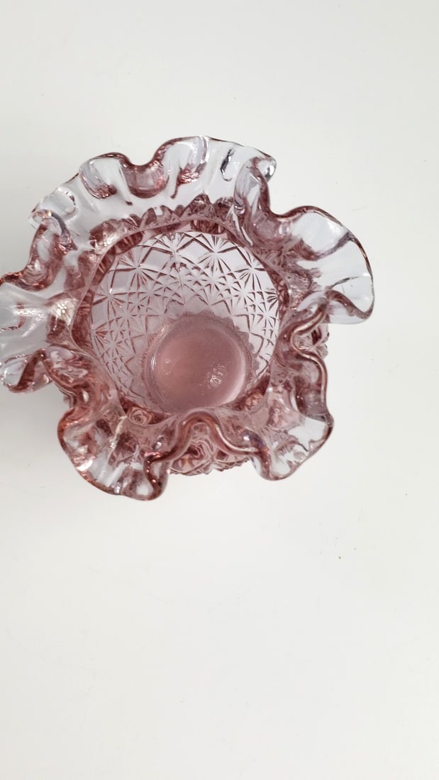 Fenton Pink Daisy and Button Glass Ruffled Rose Bowl Vase - 3