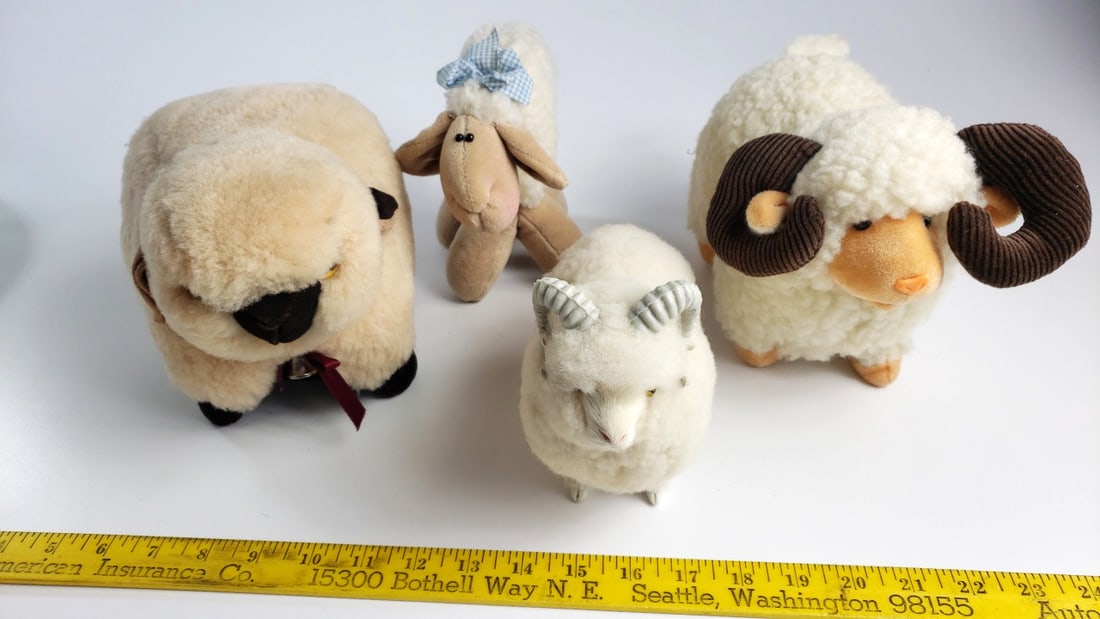 Lot of 4 Plush Sheep and Ram Stuffed Animals, White Woolly Toys with Horns, Bell & Bow - 2
