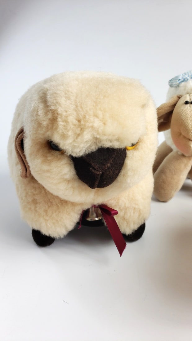 Lot of 4 Plush Sheep and Ram Stuffed Animals, White Woolly Toys with Horns, Bell & Bow - 3