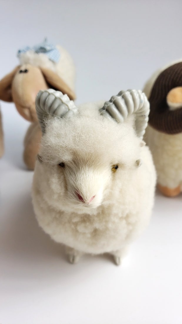 Lot of 4 Plush Sheep and Ram Stuffed Animals, White Woolly Toys with Horns, Bell & Bow - 4