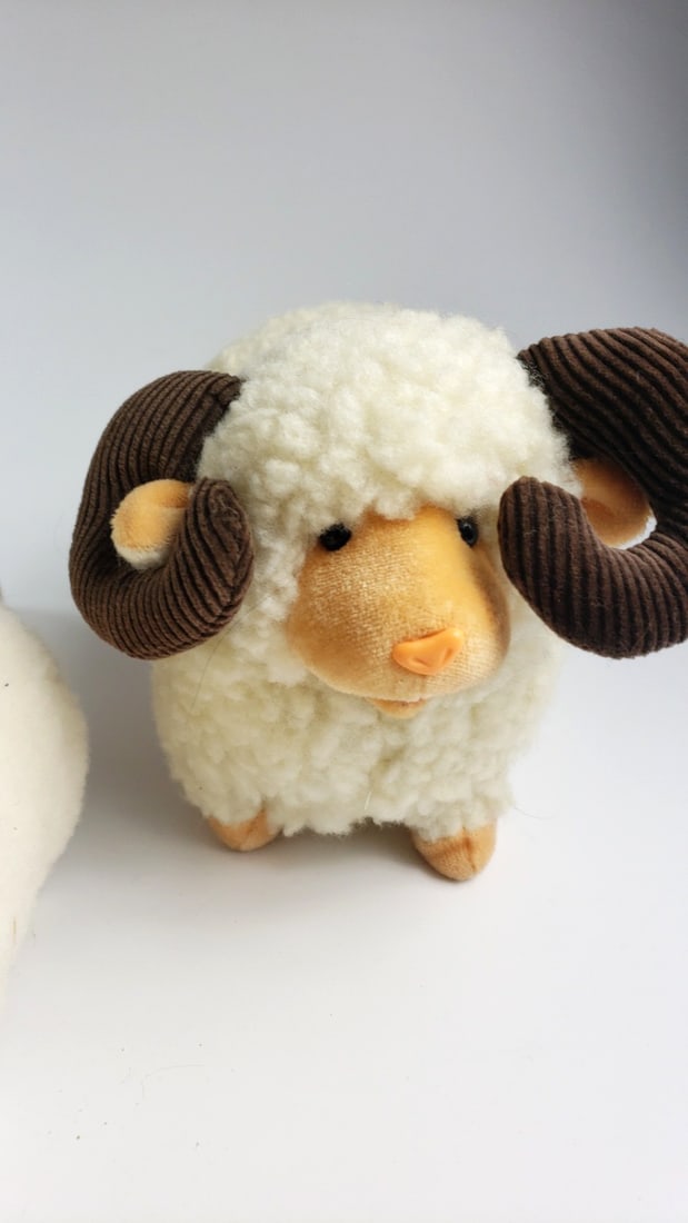 Lot of 4 Plush Sheep and Ram Stuffed Animals, White Woolly Toys with Horns, Bell & Bow - 5