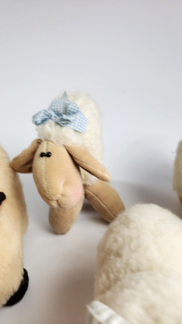 Lot of 4 Plush Sheep and Ram Stuffed Animals, White Woolly Toys with Horns, Bell & Bow - 6