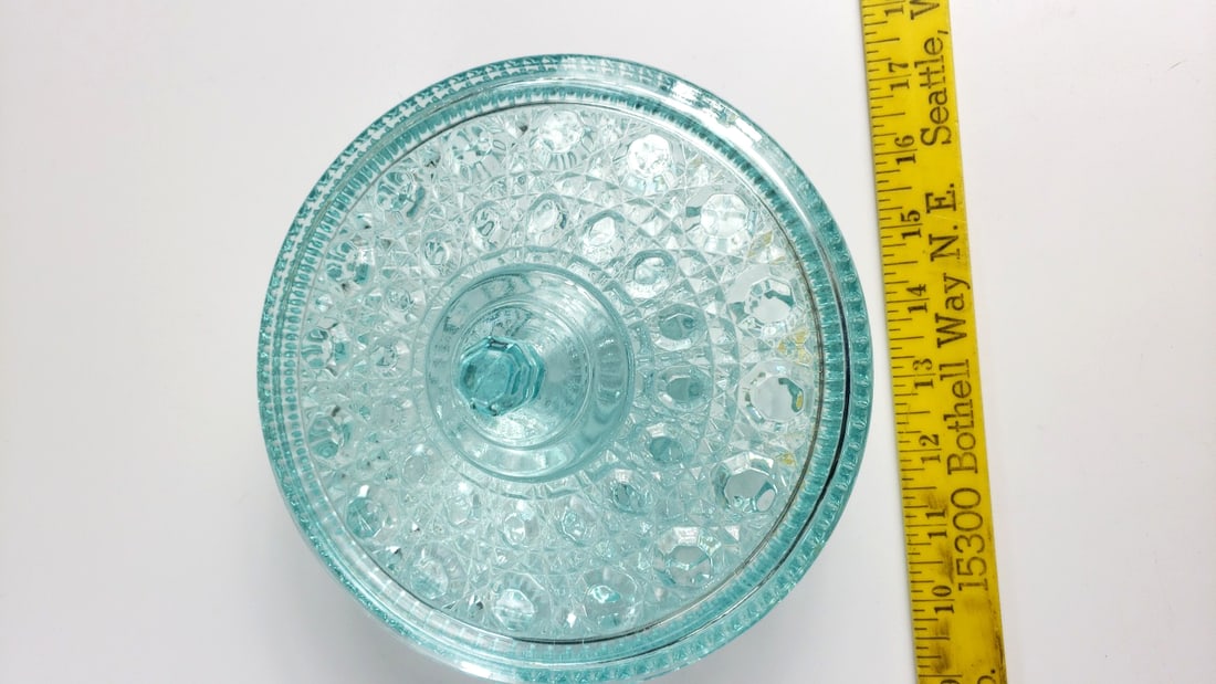Aqua Blue Pressed Glass Covered Candy Dish with Diamond Pattern - 2