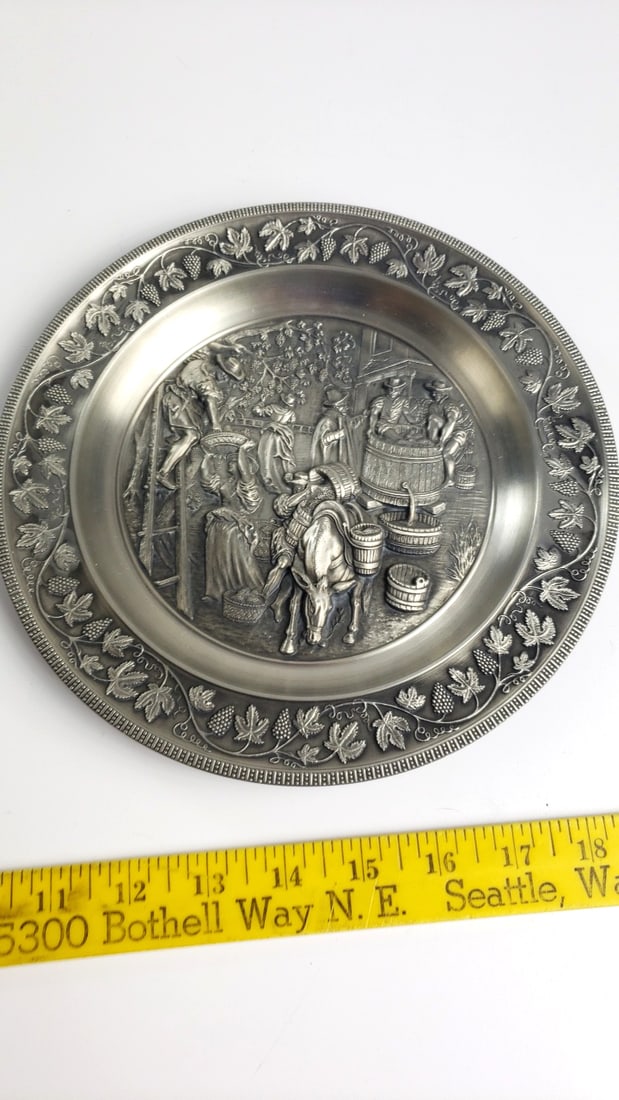 95% Zinn Pewter Relief Plate with Grape Harvest Wine Making Scene - 2
