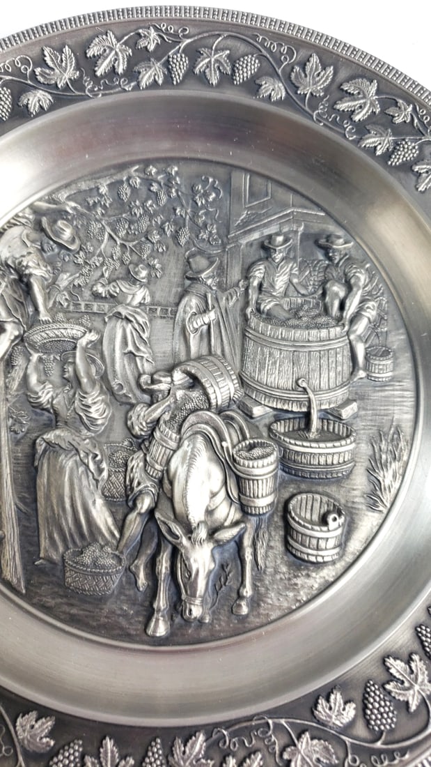 95% Zinn Pewter Relief Plate with Grape Harvest Wine Making Scene - 3