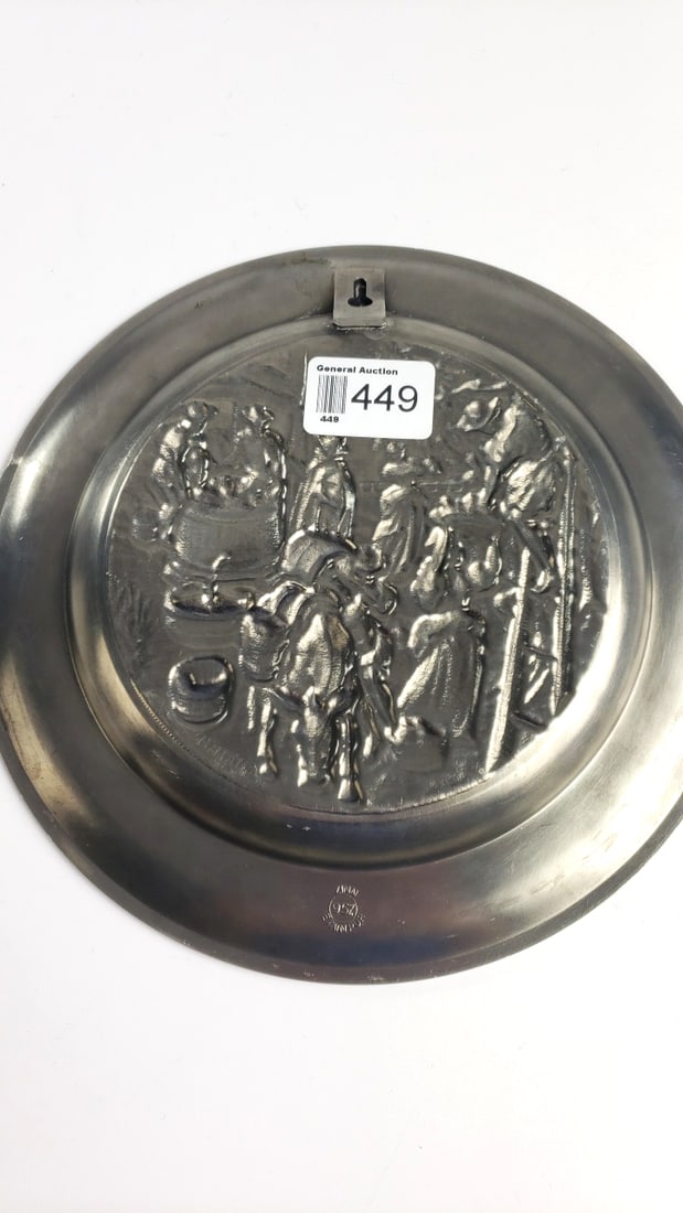 95% Zinn Pewter Relief Plate with Grape Harvest Wine Making Scene - 6