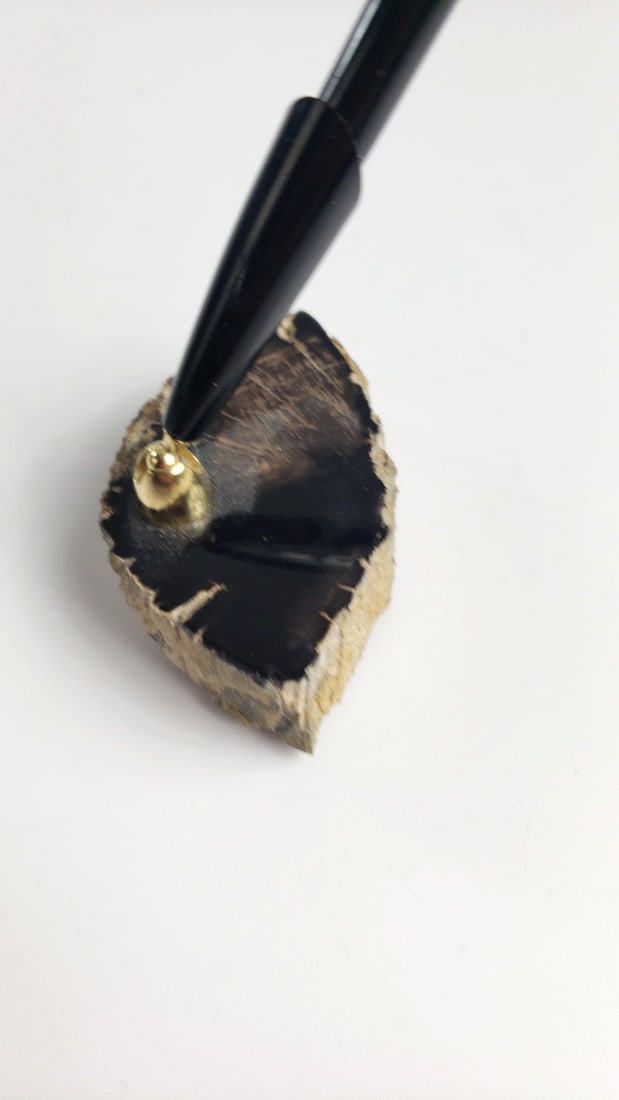 Black and Gold Desk Pen with Swivel Holder on petrified Wood Stone Base - 2