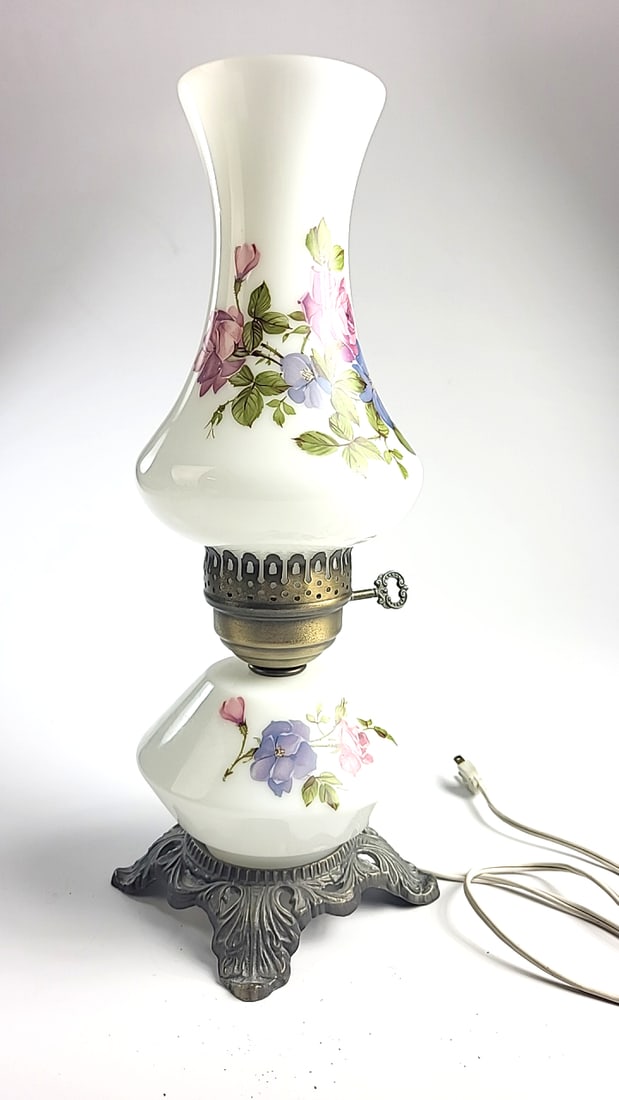 HEDCO 3004 Electric Hurricane Table Lamp White Milk Glass Floral Metal Base - 2