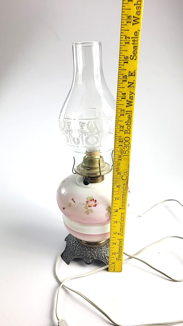 Eagle Electric Hurricane Lamp Pink Floral Ceramic Base Etched Glass Chimney 17 in - 2