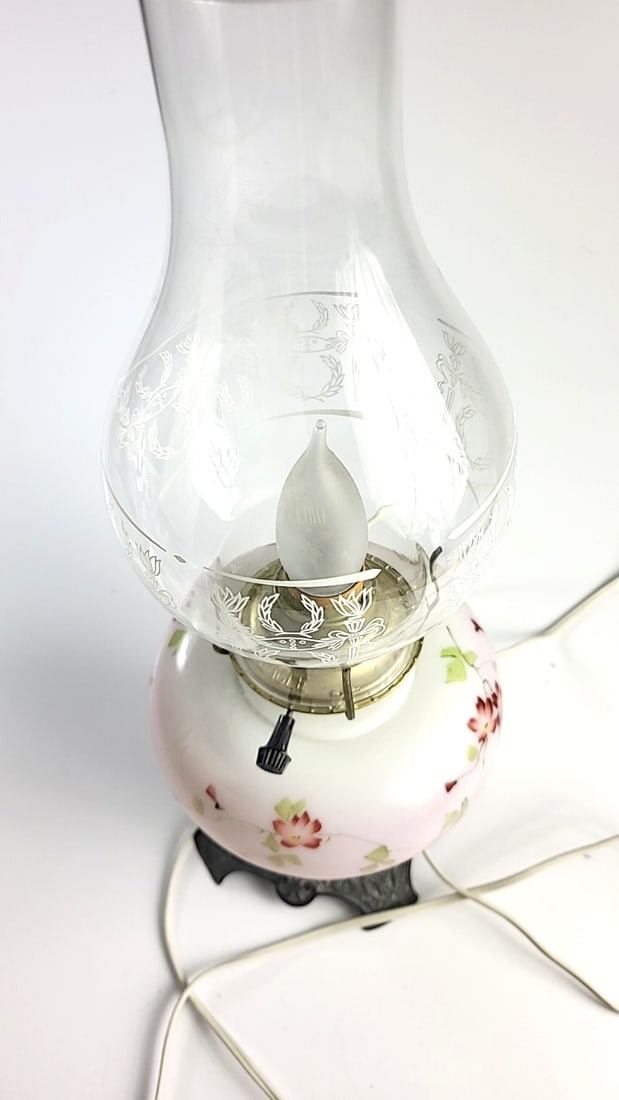 Eagle Electric Hurricane Lamp Pink Floral Ceramic Base Etched Glass Chimney 17 in - 3