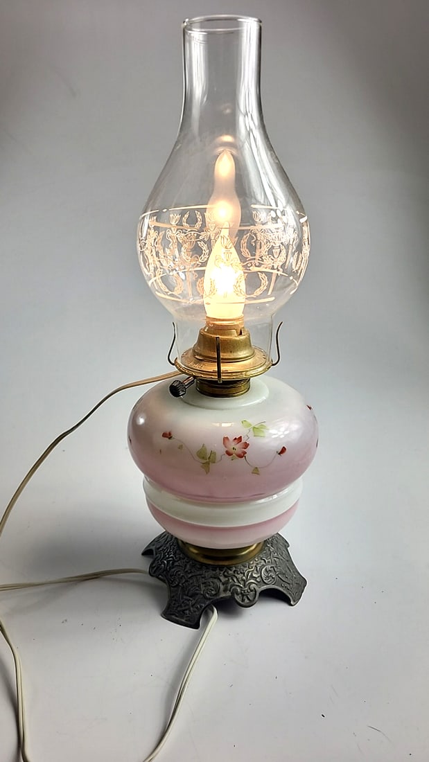 Eagle Electric Hurricane Lamp Pink Floral Ceramic Base Etched Glass Chimney 17 in - 7