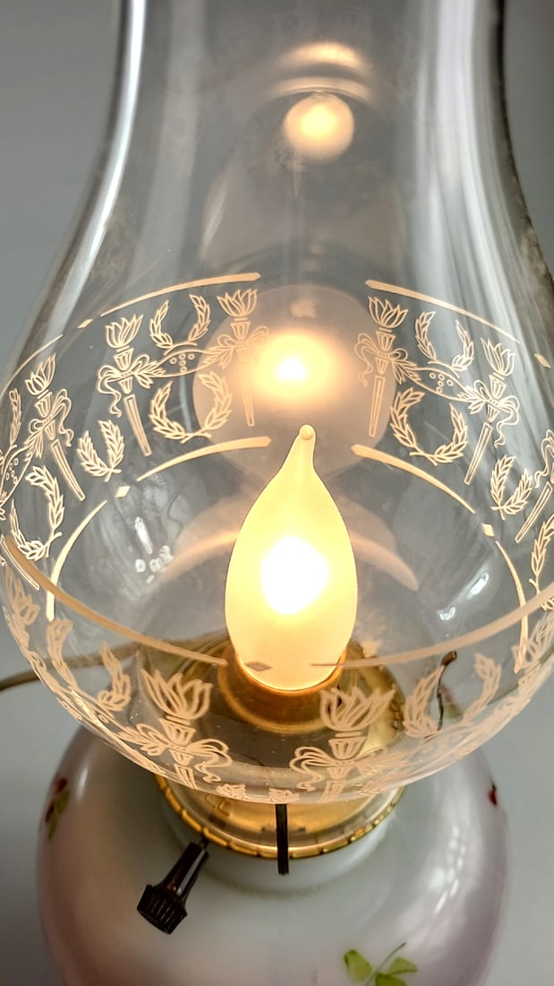 Eagle Electric Hurricane Lamp Pink Floral Ceramic Base Etched Glass Chimney 17 in - 8