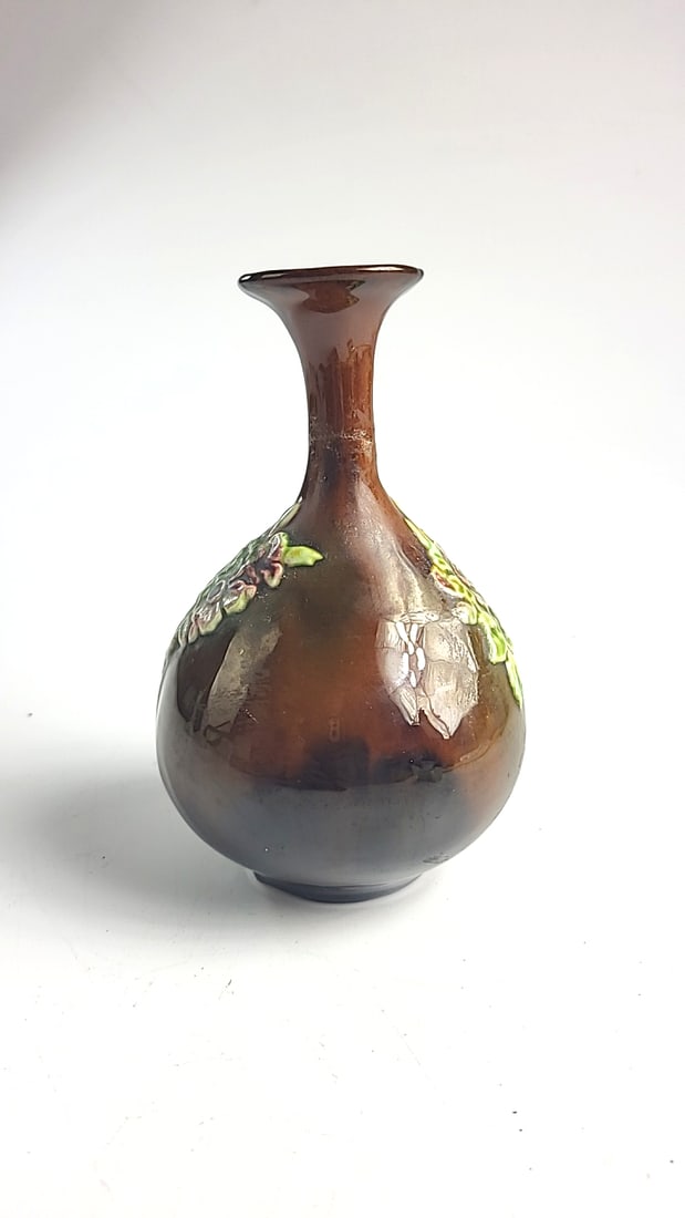 Brown Iridescent Art Glass Vase with Applied Floral Relief, 7 in - 2