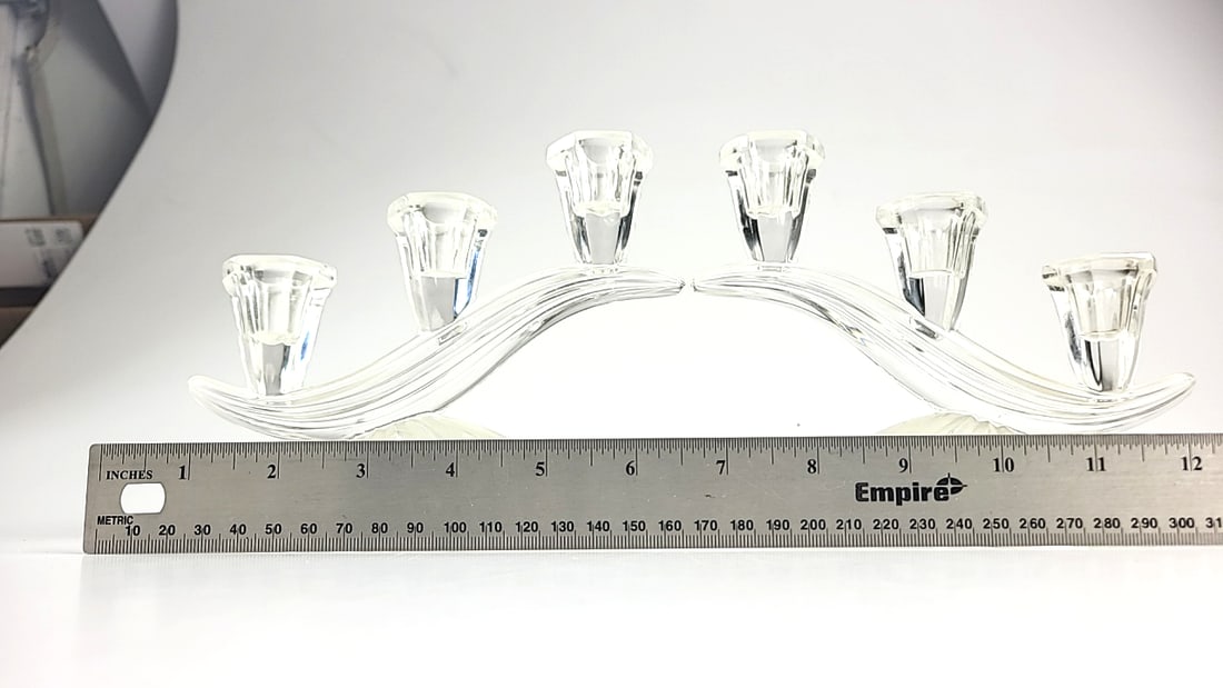 Pair Clear Crystal Glass 3-Light Wave Candelabra Candle Holders Faceted Bases - 2