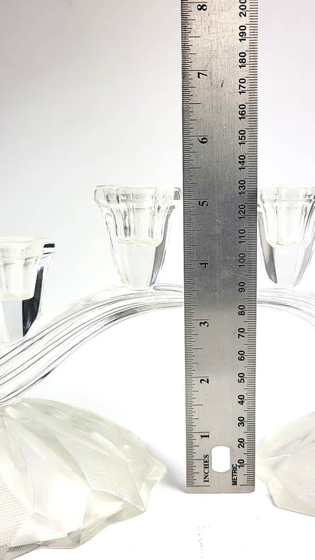 Pair Clear Crystal Glass 3-Light Wave Candelabra Candle Holders Faceted Bases - 3