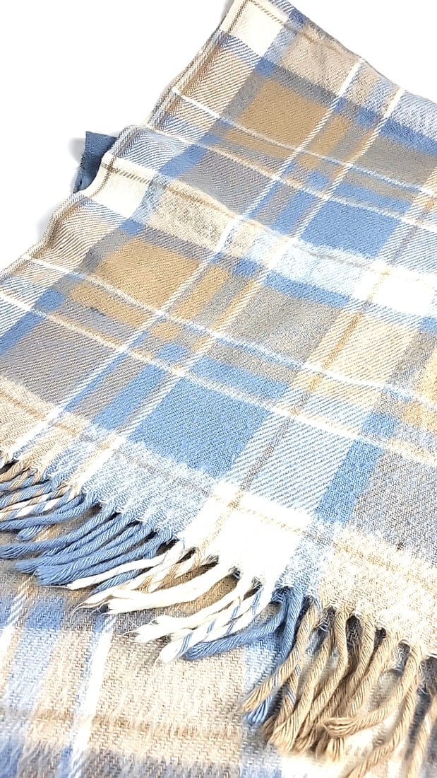 Wool Blue Beige Cream Plaid Fringed Throw Blanket, 48 in Wide - 2
