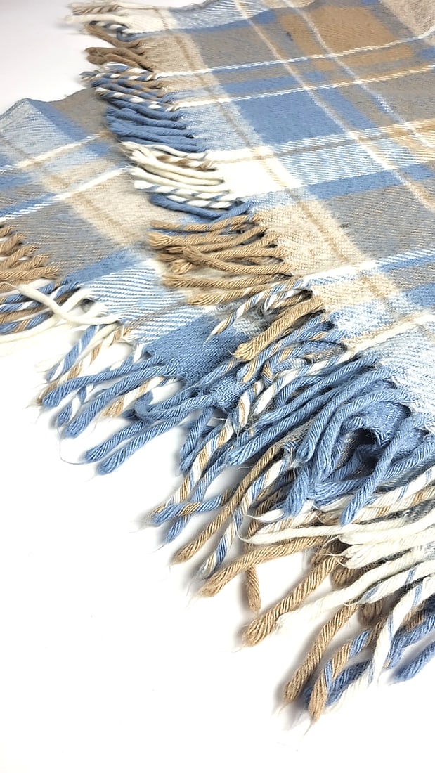 Wool Blue Beige Cream Plaid Fringed Throw Blanket, 48 in Wide - 3