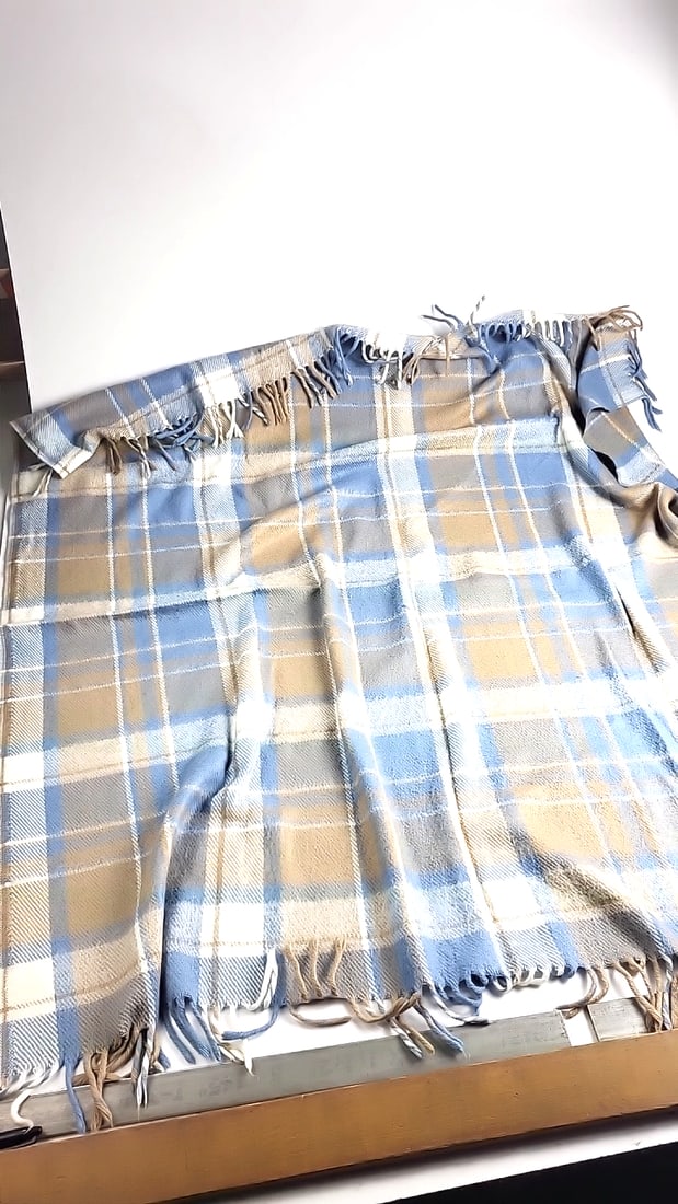 Wool Blue Beige Cream Plaid Fringed Throw Blanket, 48 in Wide - 5