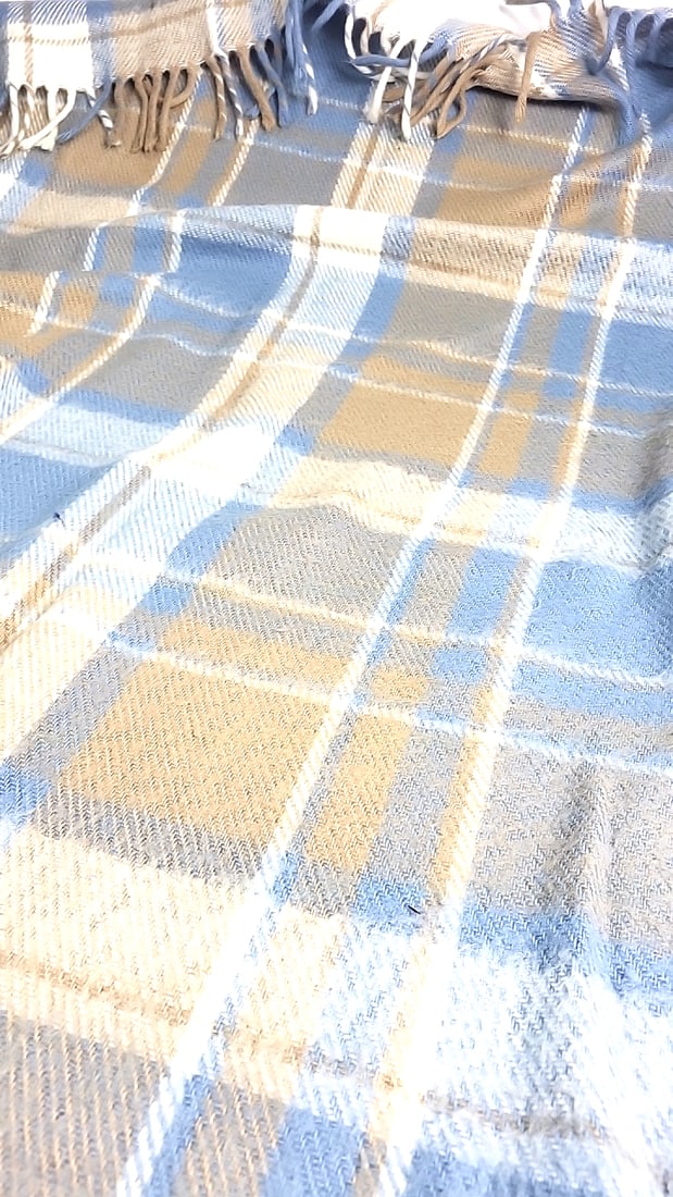 Wool Blue Beige Cream Plaid Fringed Throw Blanket, 48 in Wide - 6