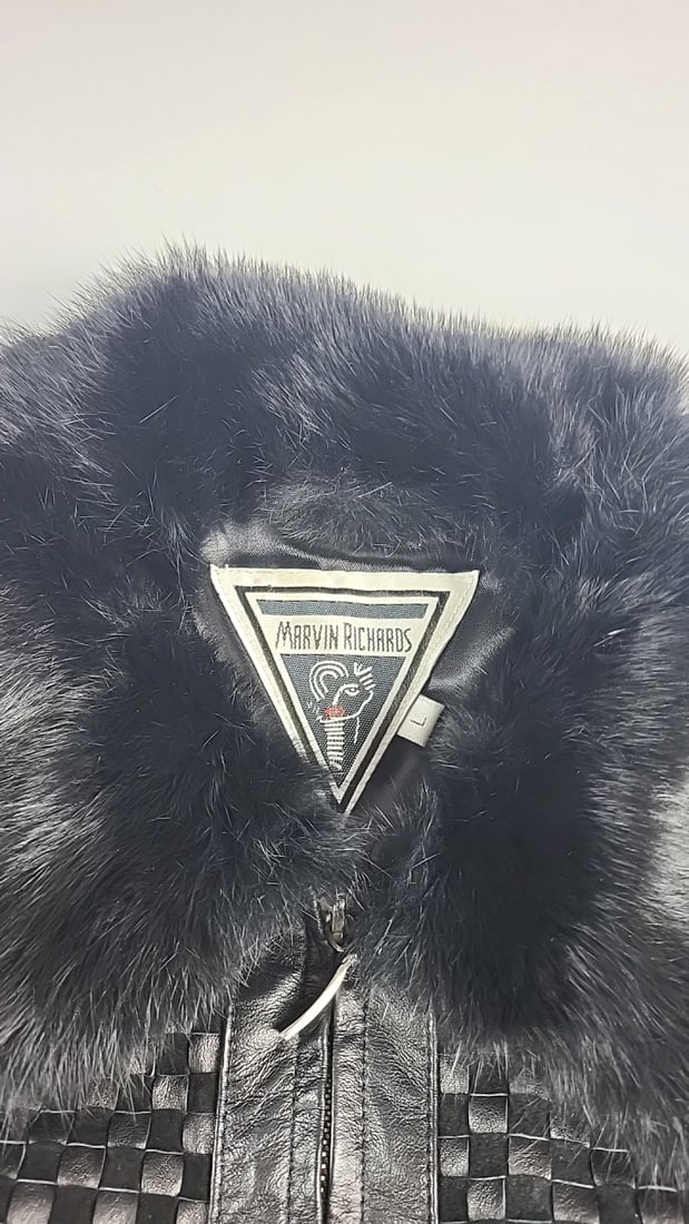 Marvin Richards Black Woven Genuine Leather Jacket Rabbit Fur Collar Size L - 2