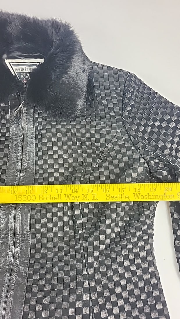 Marvin Richards Black Woven Genuine Leather Jacket Rabbit Fur Collar Size L - 4