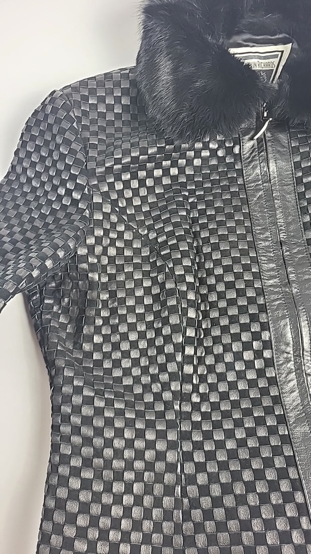 Marvin Richards Black Woven Genuine Leather Jacket Rabbit Fur Collar Size L - 6