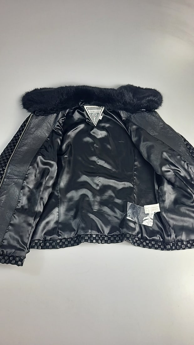 Marvin Richards Black Woven Genuine Leather Jacket Rabbit Fur Collar Size L - 7