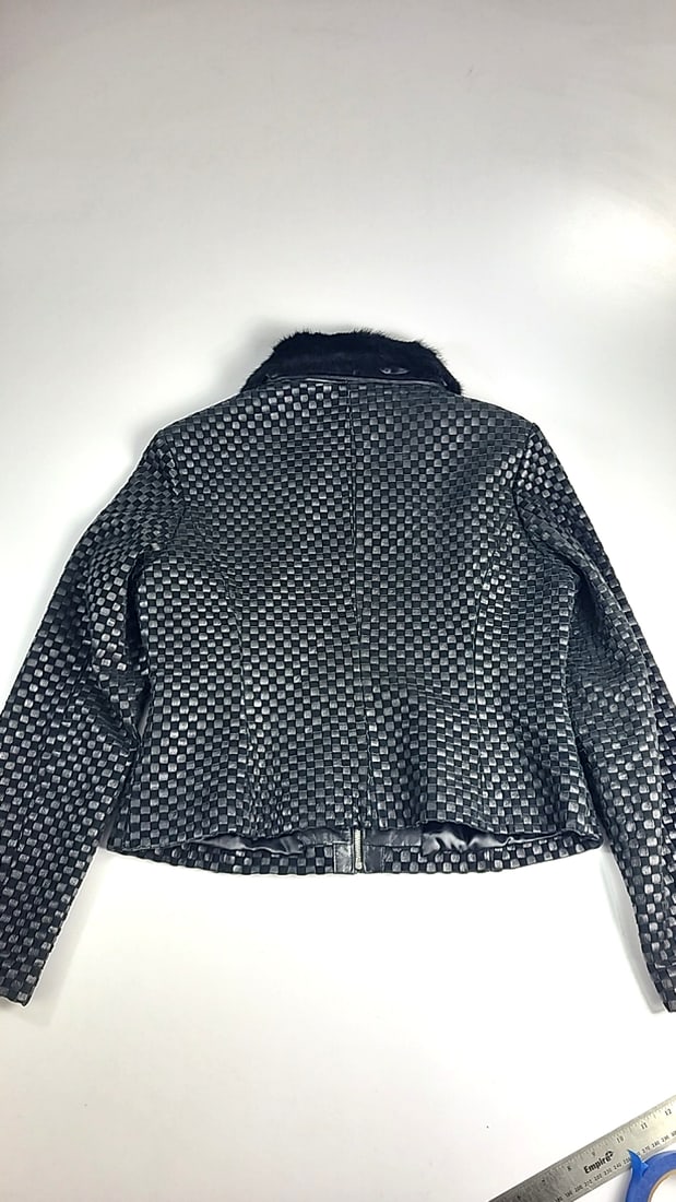 Marvin Richards Black Woven Genuine Leather Jacket Rabbit Fur Collar Size L - 8
