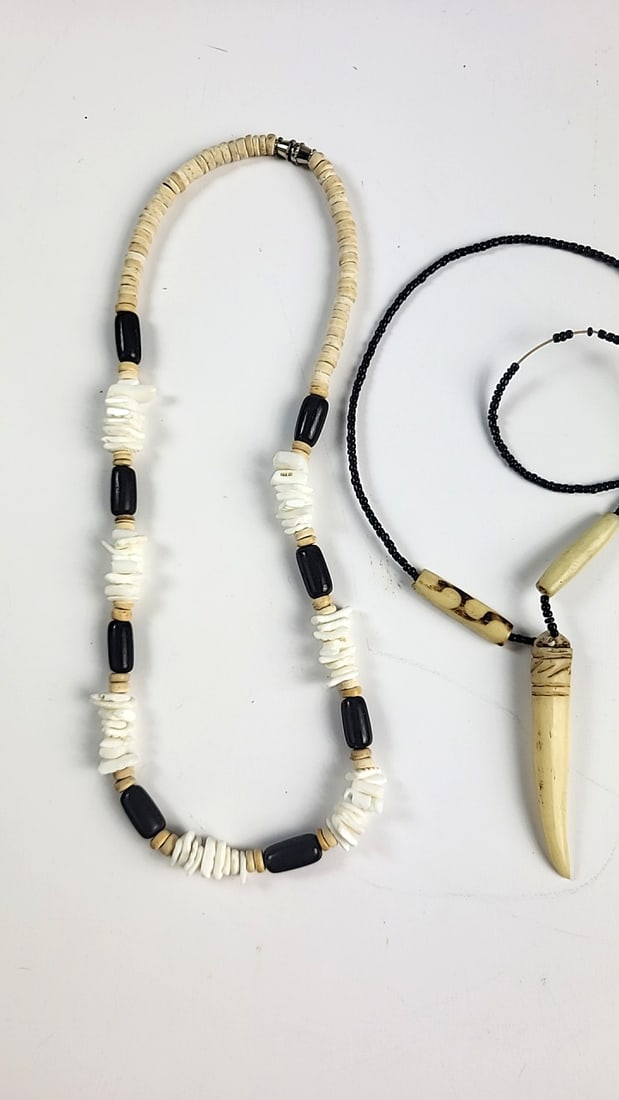 Lot of 3 Beaded Necklaces, White Disc Beads, Black Beads & Tooth-Shaped Pendant - 2