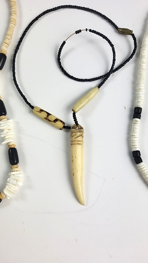 Lot of 3 Beaded Necklaces, White Disc Beads, Black Beads & Tooth-Shaped Pendant - 3