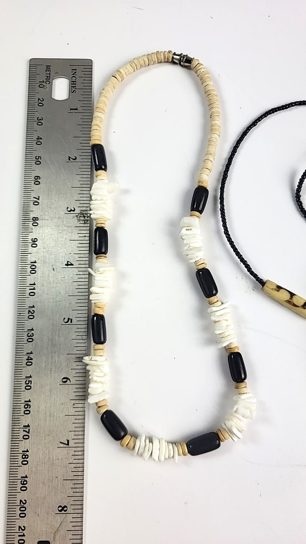 Lot of 3 Beaded Necklaces, White Disc Beads, Black Beads & Tooth-Shaped Pendant - 5