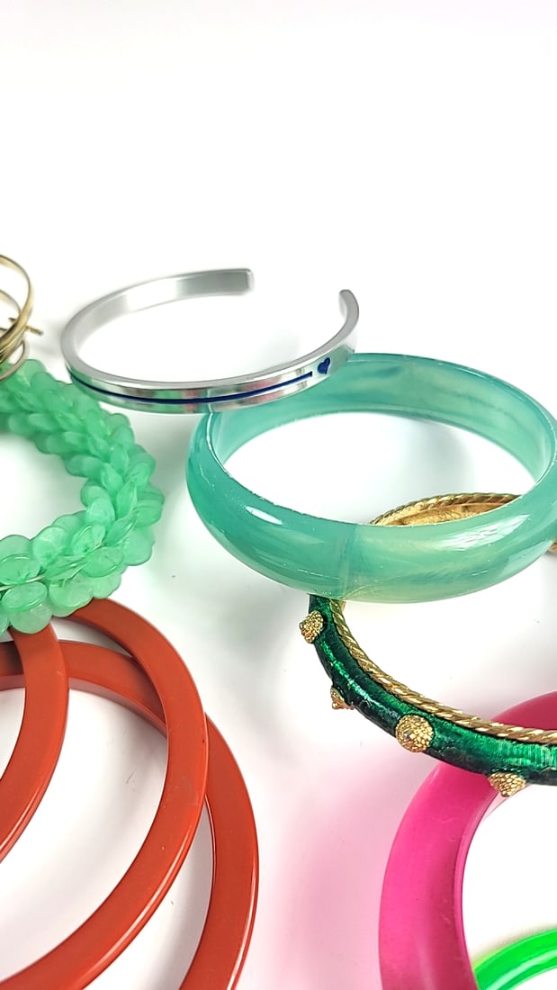 Mixed Lot of Multicolor Bangle Bracelets Resin, Beaded & Gold-Tone Metal Cuffs - 3