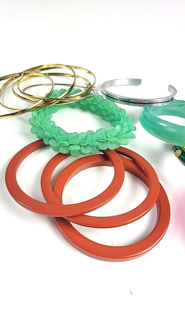 Mixed Lot of Multicolor Bangle Bracelets Resin, Beaded & Gold-Tone Metal Cuffs - 5
