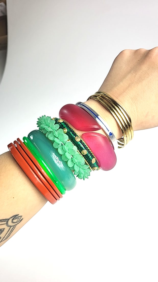 Mixed Lot of Multicolor Bangle Bracelets Resin, Beaded & Gold-Tone Metal Cuffs - 6