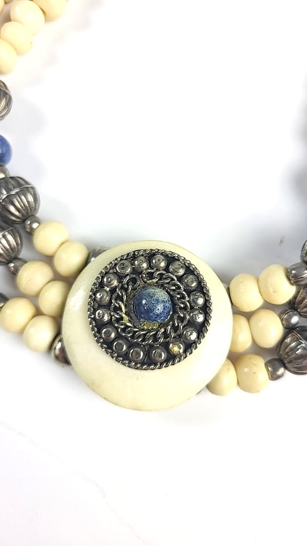 Bone Beaded Multi-Strand Necklace with Lapis Lazuli Crystal Beads and Silver-Tone Pendant - 2