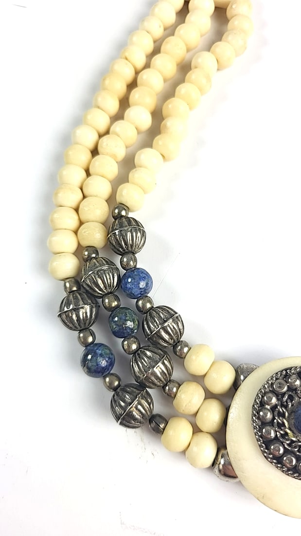 Bone Beaded Multi-Strand Necklace with Lapis Lazuli Crystal Beads and Silver-Tone Pendant - 3
