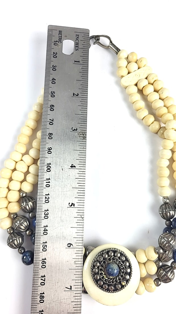 Bone Beaded Multi-Strand Necklace with Lapis Lazuli Crystal Beads and Silver-Tone Pendant - 5