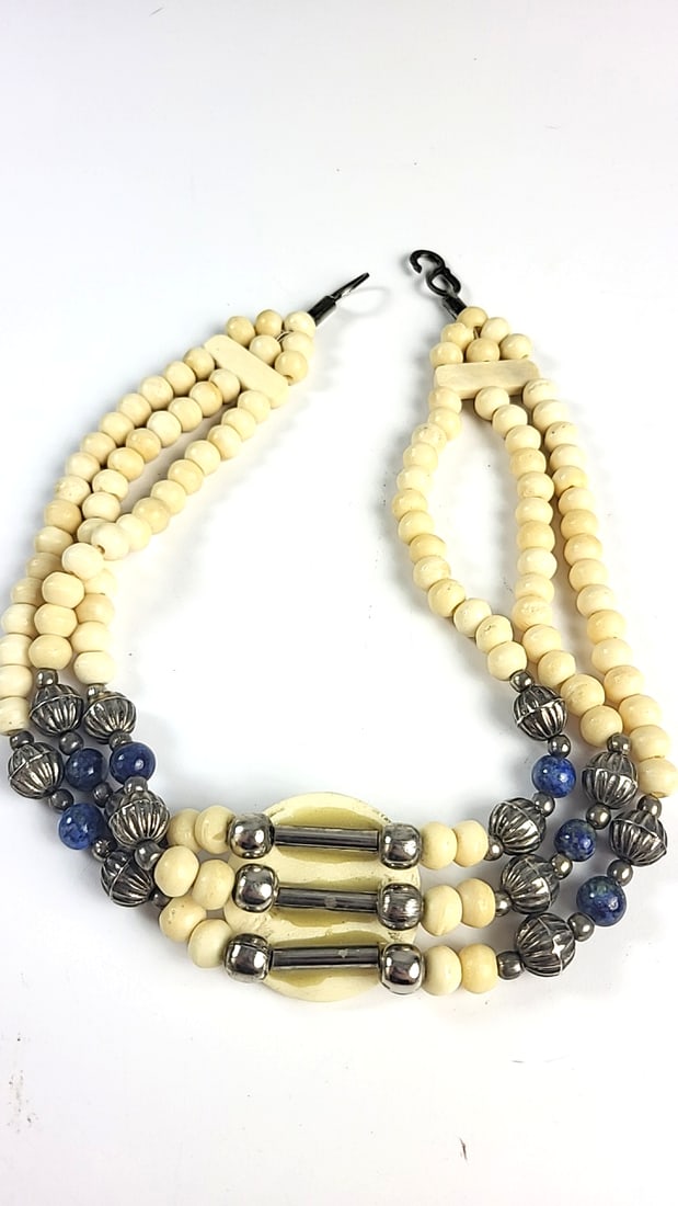 Bone Beaded Multi-Strand Necklace with Lapis Lazuli Crystal Beads and Silver-Tone Pendant - 7